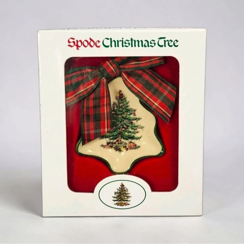 Spode Christmas Tree Ornament w/ Box Plaid Bow Porcelain Holiday Collectible